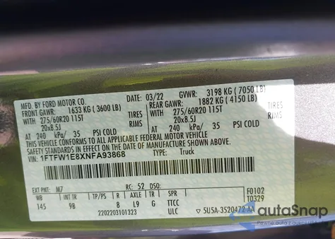 2022 Ford F150 Platinum из США, поврежденный, VIN 1FTFW1E8XNFA93868